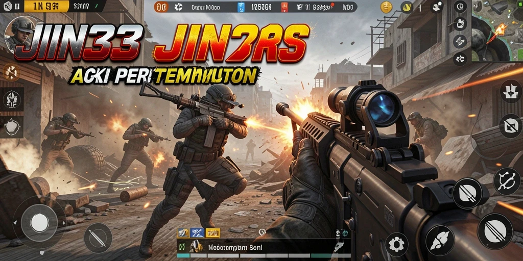Screenshot utama JIN33 menampilkan aksi intense dalam pertempuran FPS.