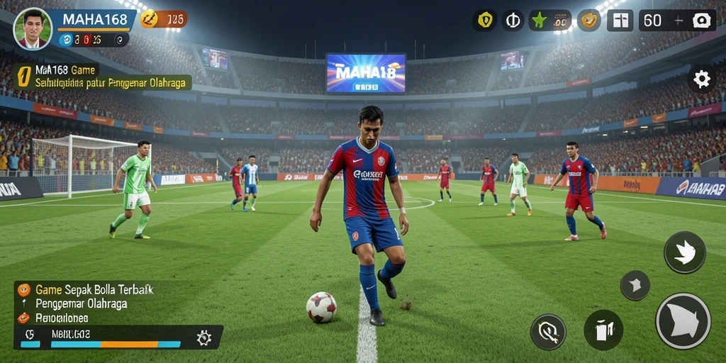 Tampilan gameplay realistis dalam MAHA168 dengan aksi sepak bola seru.