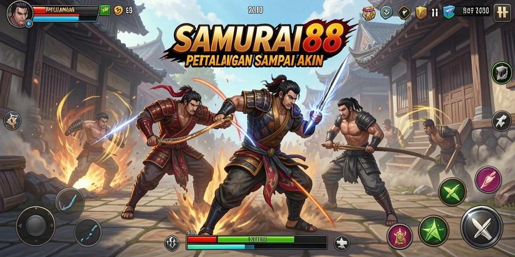 Tangkapan layar SAMURAI88 menunjukkan pertarungan epik dengan gerakan samurai yang cepat.